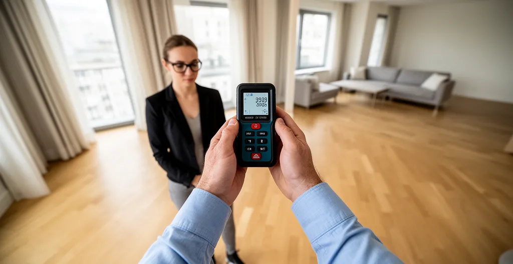 Agent immobilier mesurant une pièce lors de l'évaluation d'un bien