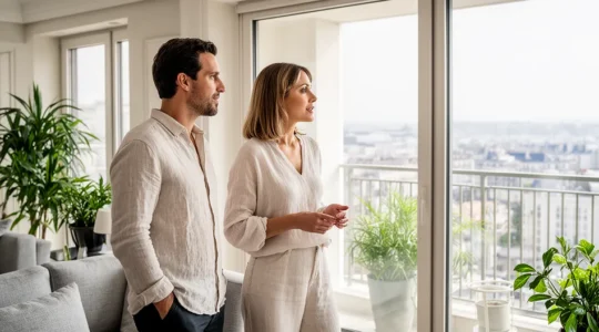 Visite d'un appartement avec vue dégagée lors d'une vente immobilière