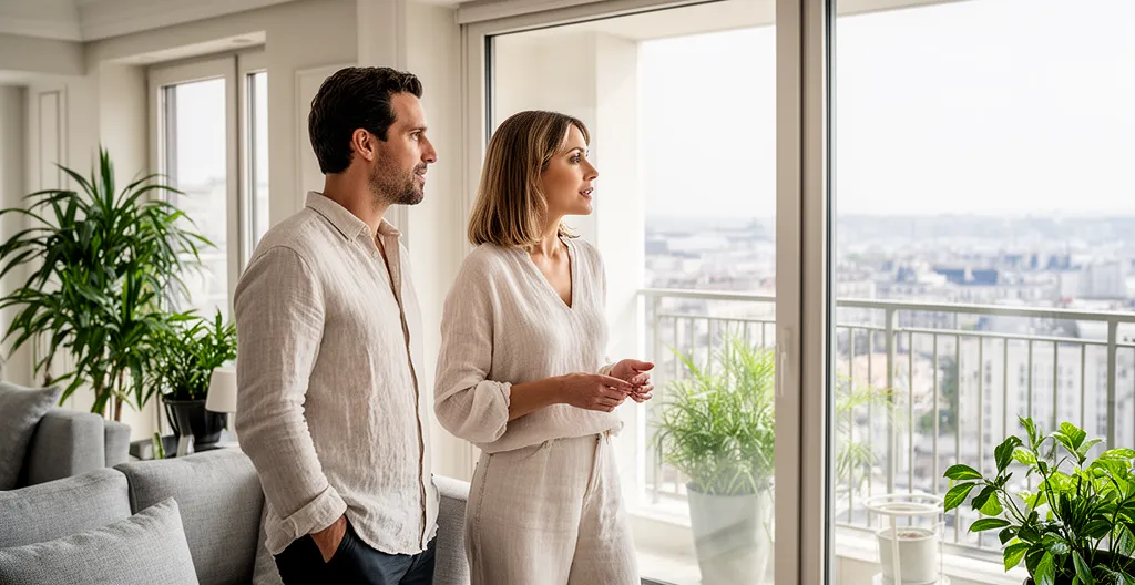 Visite d'un appartement avec vue dégagée lors d'une vente immobilière